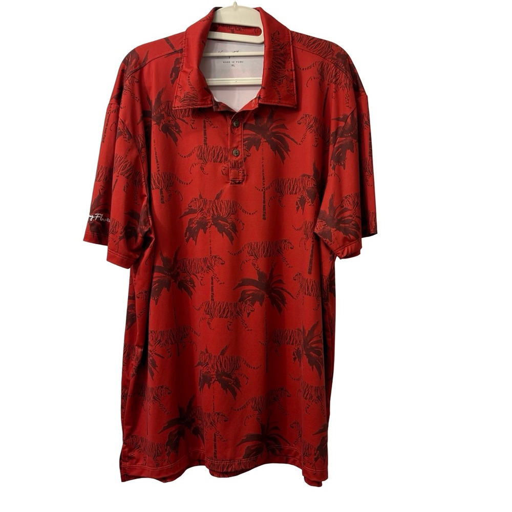 Kenny Flowers Red Tiger Palms Print golf polo shirt Size XL
